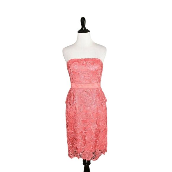 CACHE $228 Pink Floral‎ Lace Strapless Peplum Sheath Dress Size 2 - Picture 1 of 3